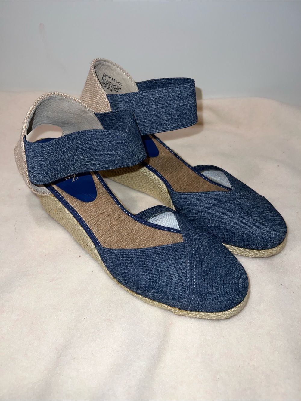 Lauren Ralph Lauren Denim Charla Espadrille Wedge Sandals Blue and Cream Size 9
